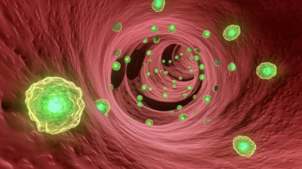 Microscopic view of blood vessels with glowing APOL3 proteins.