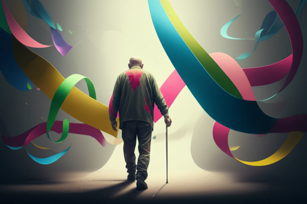 Abstract image representing stroke recovery with cane and supportive tapes.