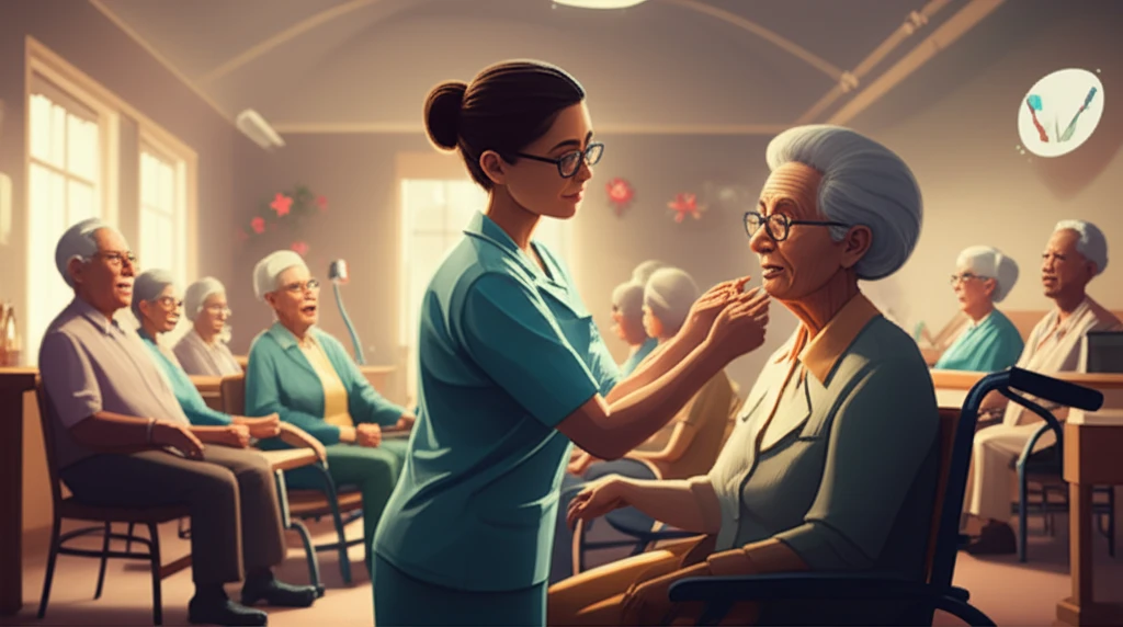 Nurse using ASBTO tool to screen elderly resident's oral health.