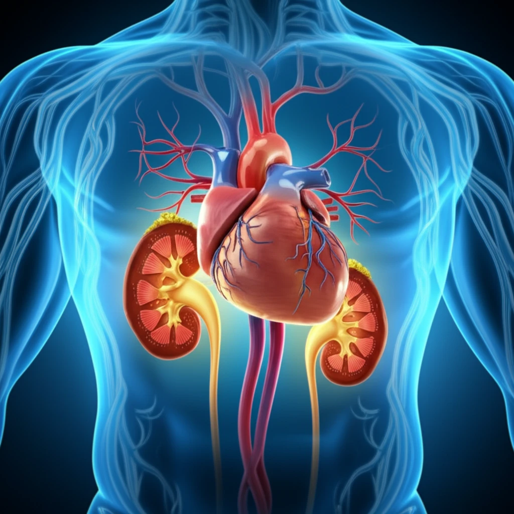 Interconnected heart and kidneys symbolizing the link between cardiovascular and kidney health.