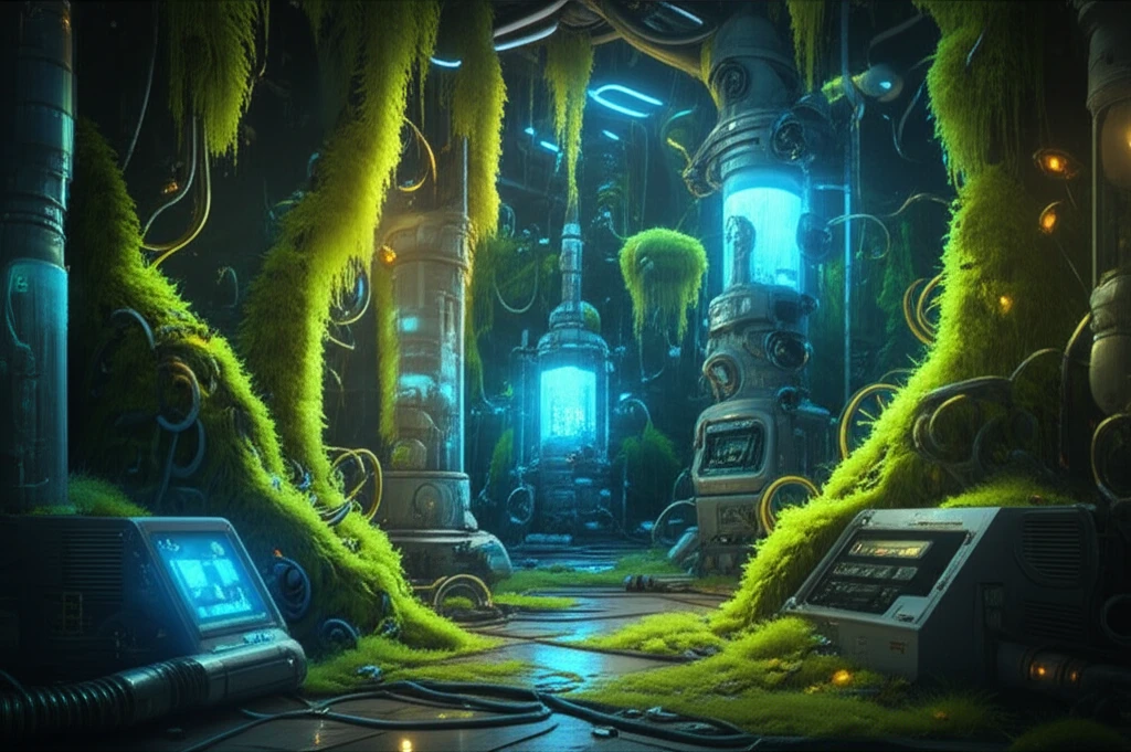 Surreal illustration of moss and bio-reactors