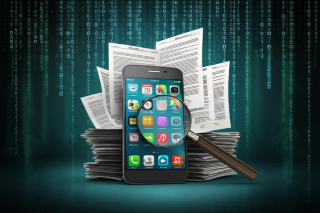 Smartphone with app icons surrounded by legal documents