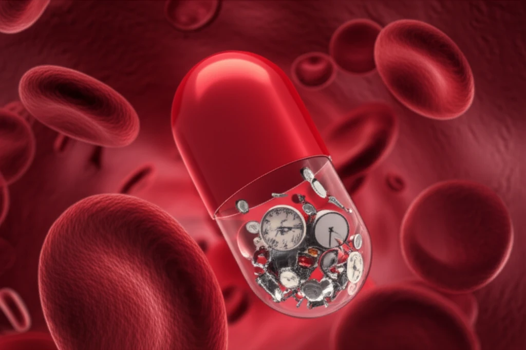 Time-release capsule dissolving slowly in a bloodstream, representing extended-release medication.