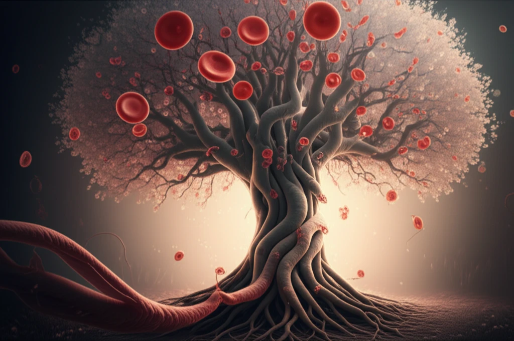 Umbilical cord stem cells transforming into a tree of life with platelets.