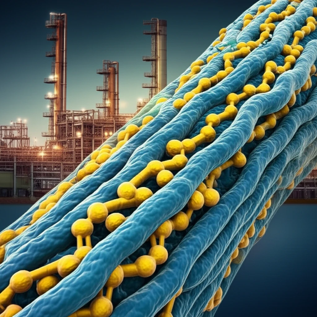 Microscopic view of a plant cell wall with carbohydrates and lignin highlighted, against a biofuel refinery backdrop.