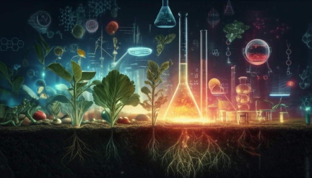 Food Science Evolution: A surreal depiction of traditional farming transitioning to futuristic lab-grown ingredients, symbolizing the transformation of food science.