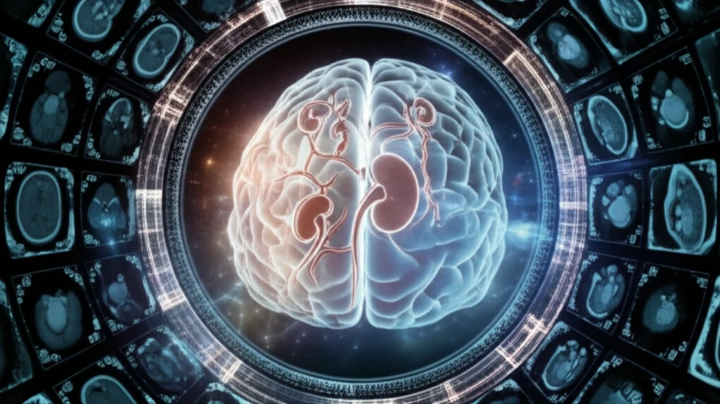 Brain and kidney interwoven, symbolizing contrast-induced nephropathy concerns.