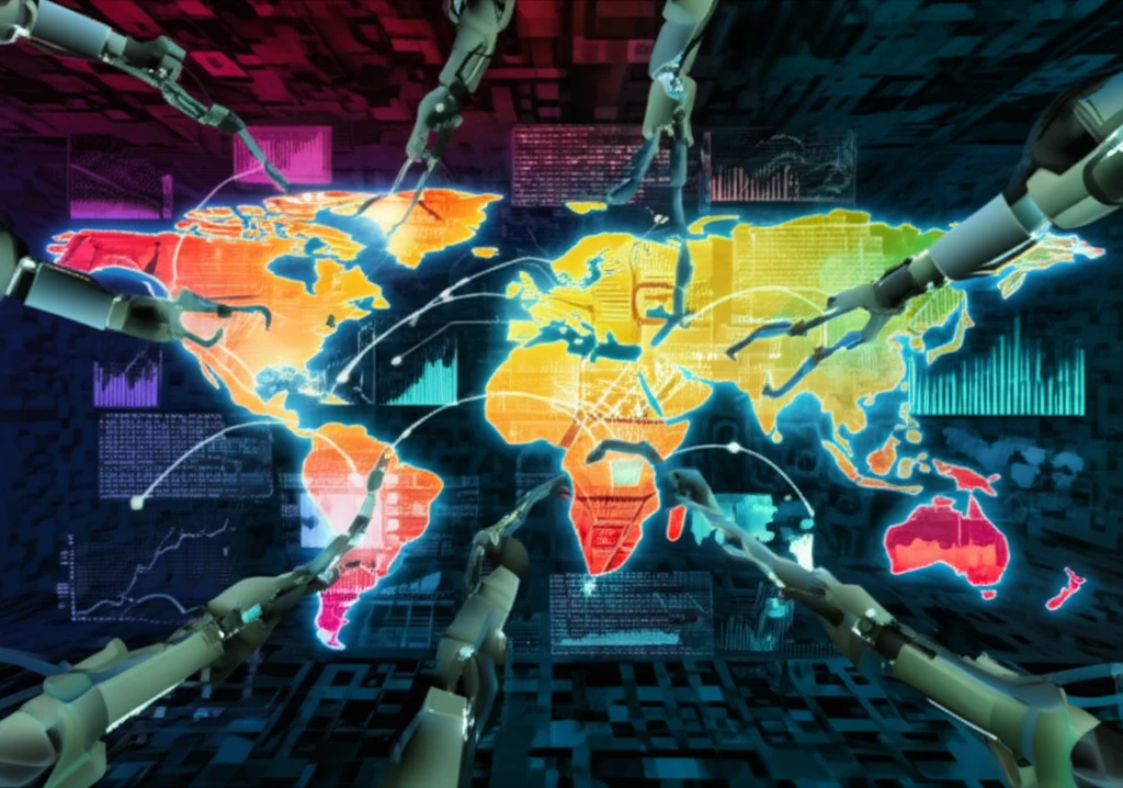 A world map being assembled by robotic arms, symbolizing parallel GIS processing.