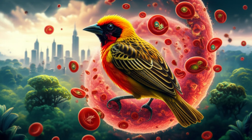Illustration of a village weaver bird with blood cells and parasites.