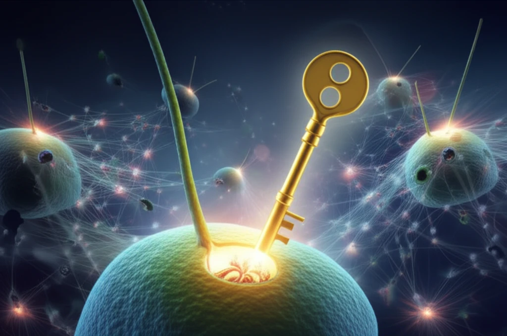 Microscopic illustration of a cell with a primary cilium and LKB1 protein, symbolizing cellular communication and cancer suppression.