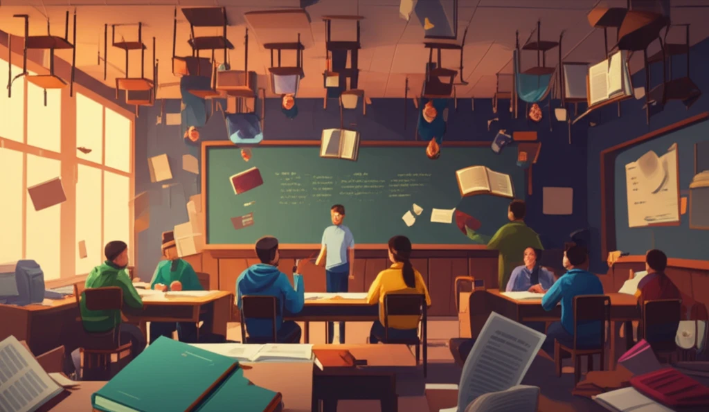 A surreal illustration of a flipped classroom, symbolizing active learning and teamwork.