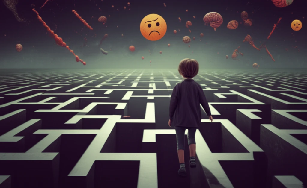 Surreal illustration of a child in a maze representing the complexities of PANDAS/PANS.
