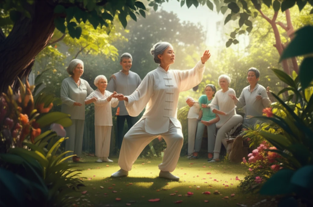 Serene elderly woman practicing Tai Chi in a sunlit garden with supportive family.