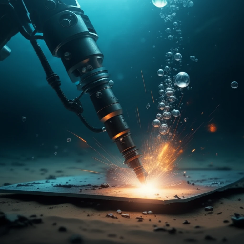 Underwater friction stir welding process with robotic arm.
