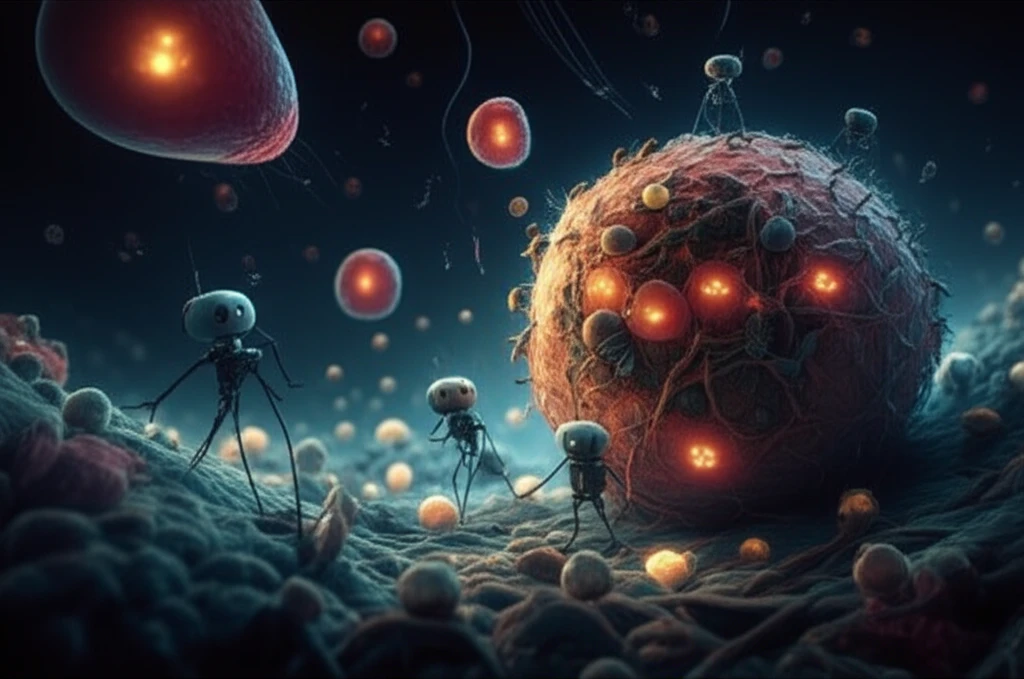 Cellular landscape with cleaning robots representing USP1 protein for autophagy regulation.