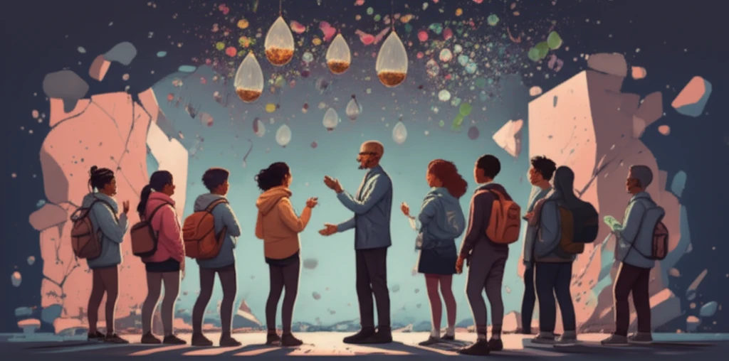 Diverse students resolving conflict with teacher guidance.