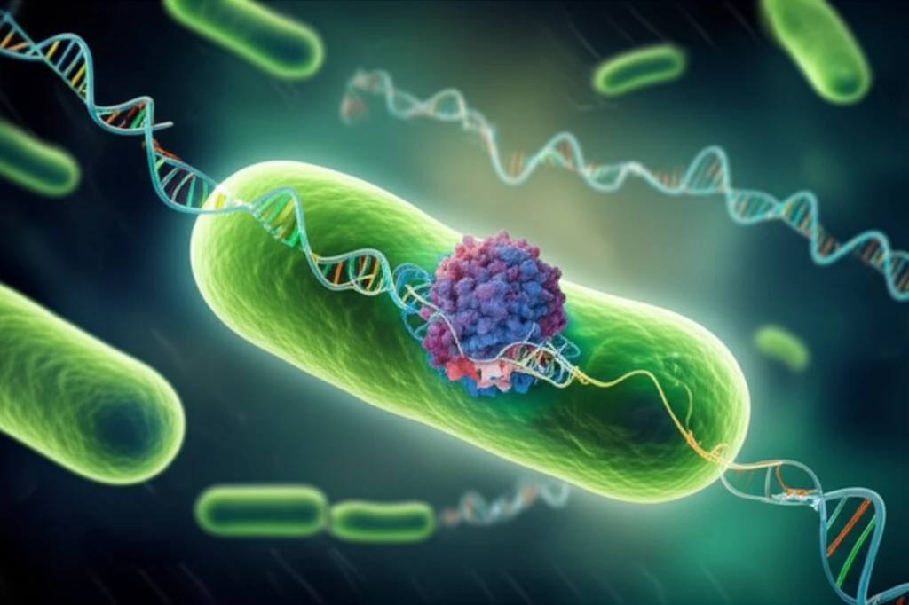 A surreal illustration of glowing E. coli cells with mRNA strands, emphasizing PNPase's role in mRNA degradation.