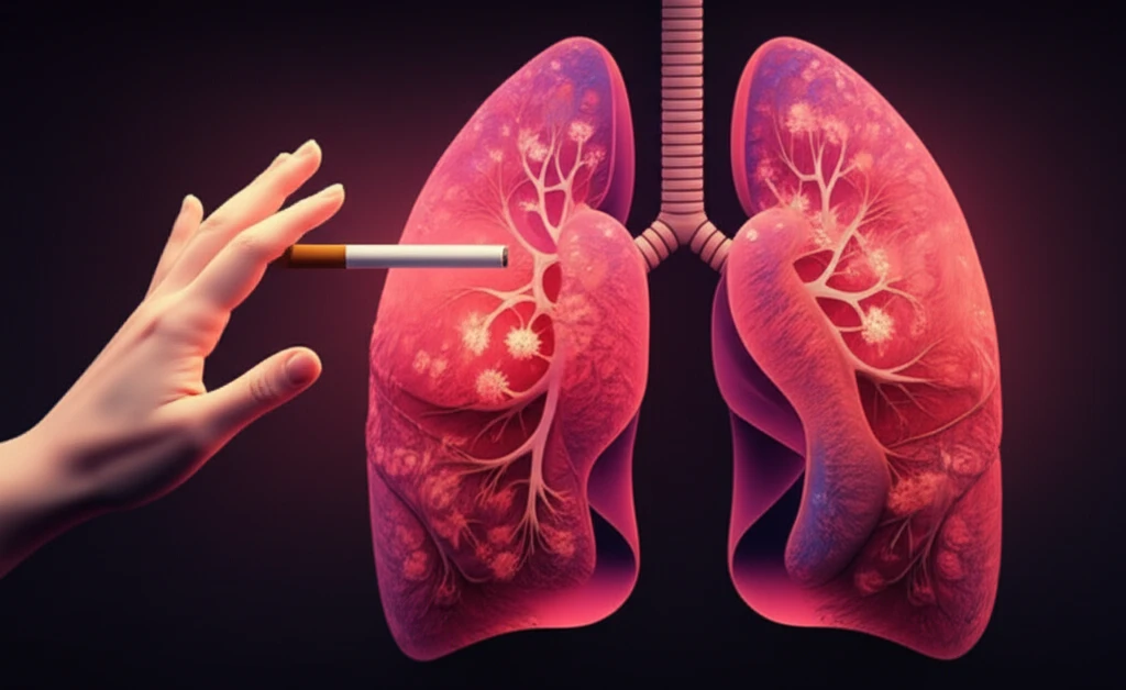 Hand pushing away a cigarette, healthy lung backdrop