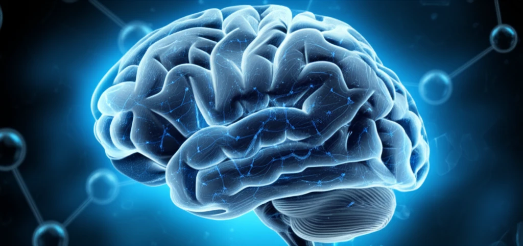 Brain with D-dimer pattern, symbolizing TBI biomarker