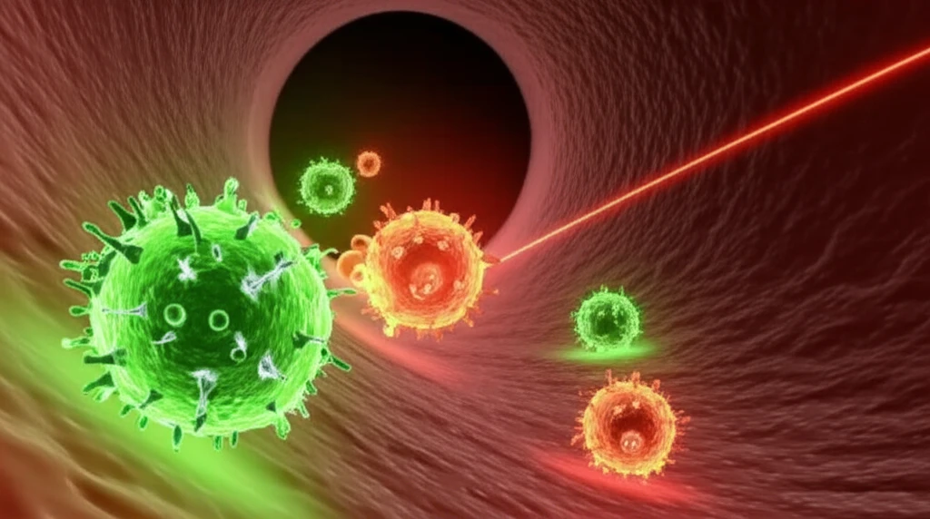 Microscopic view of glowing cancer cells being scanned in blood vessels.