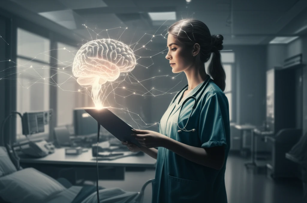 Nurse demonstrating critical thinking with glowing brain in a hospital setting
