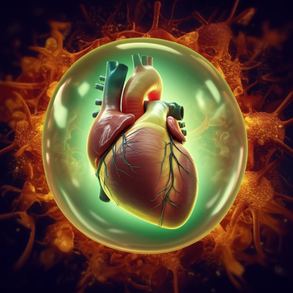 Protected Heart: A heart encased in a protective bubble, symbolizing cellular protection.