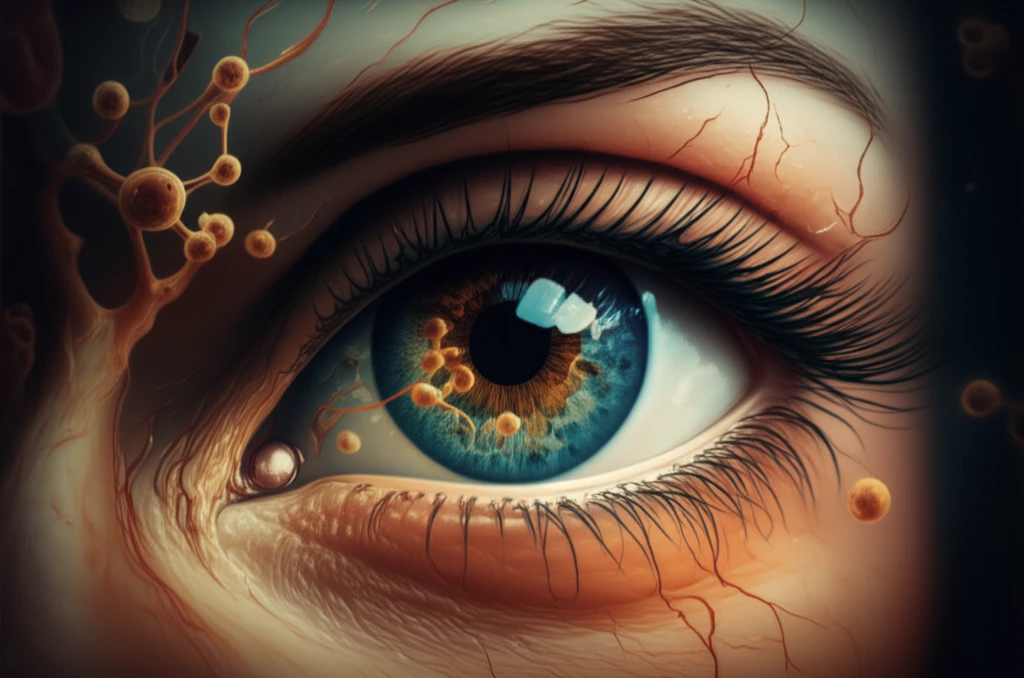 Surreal illustration of an eye protected by adiponectin molecules against fibrosis.
