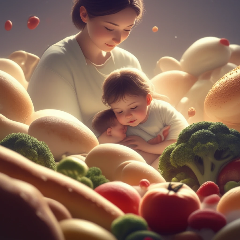 Illustration of a child with supportive food and a parent figure, symbolizing pediatric feeding support.