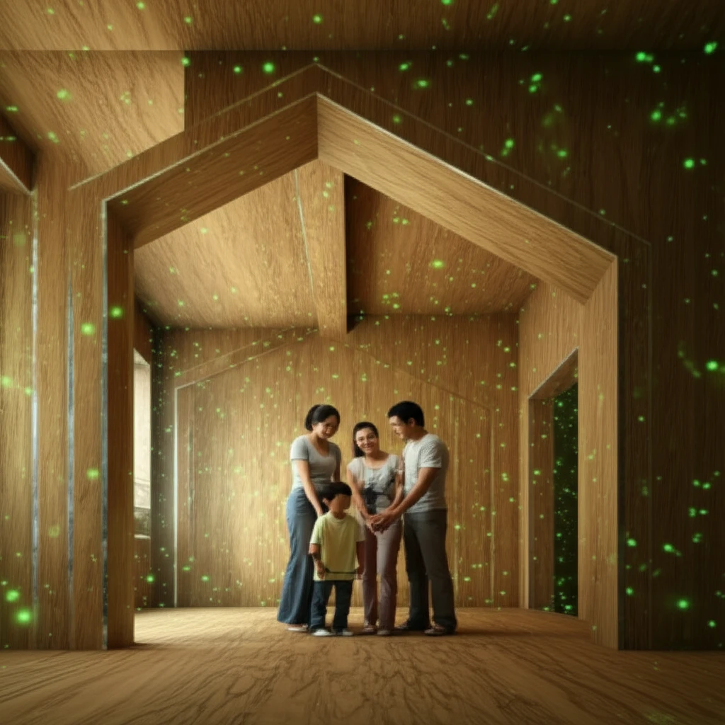 Illustration of a family in a home with formaldehyde emissions from plywood.