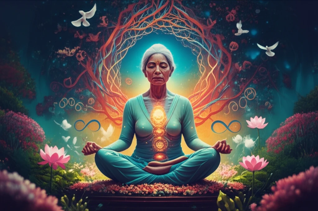 Serene elderly individual meditating in a garden, symbolizing the connection between mind and body.