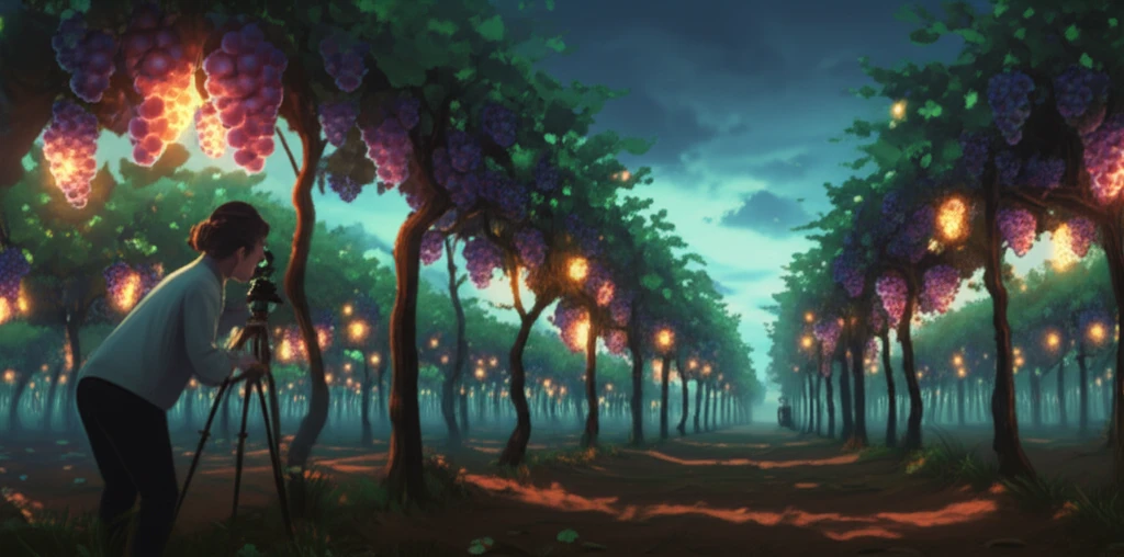 Glowing vineyard with scientist, symbolizing lower alcohol wine innovation.