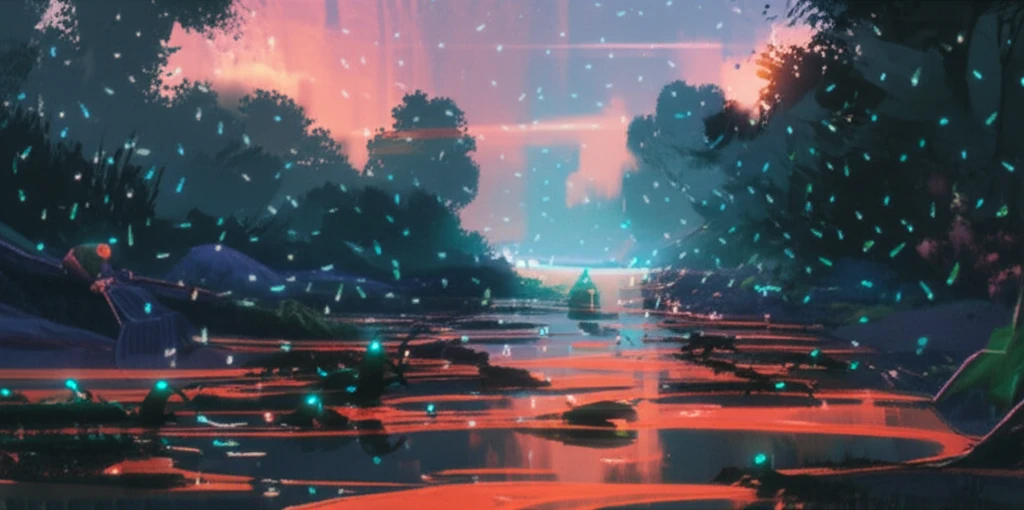 Surreal illustration of bacteria cleaning up a polluted river.