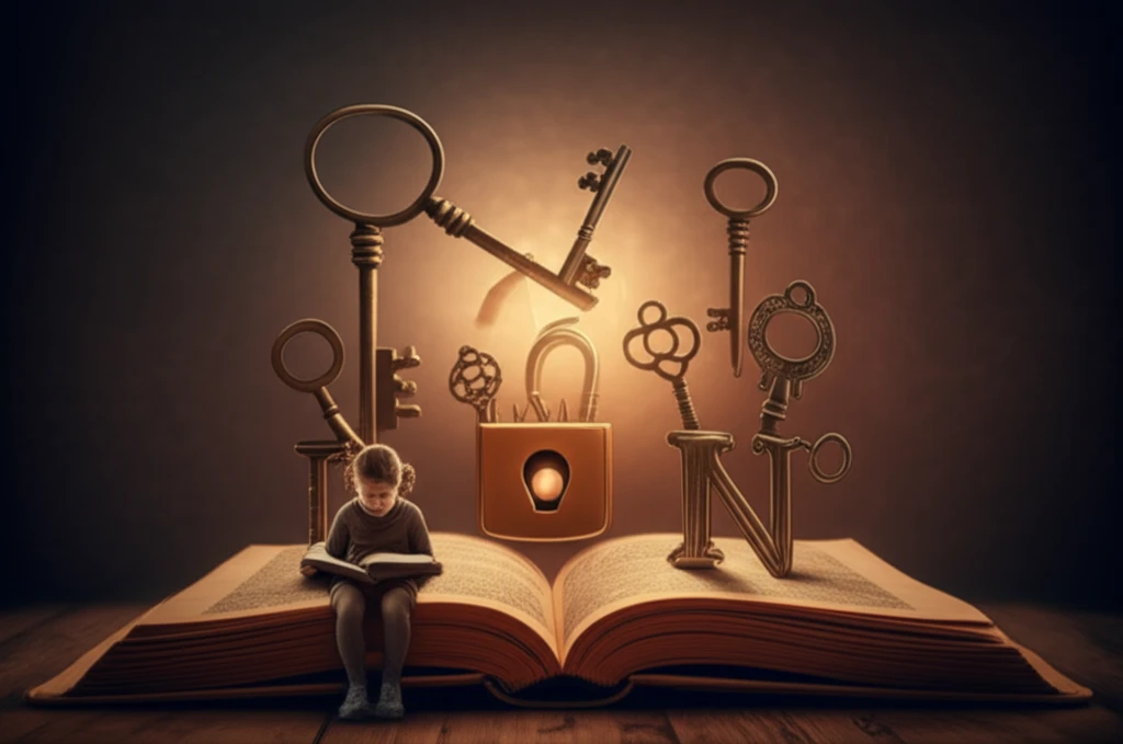 Illustration of a child unlocking their reading potential with a key made of letters.