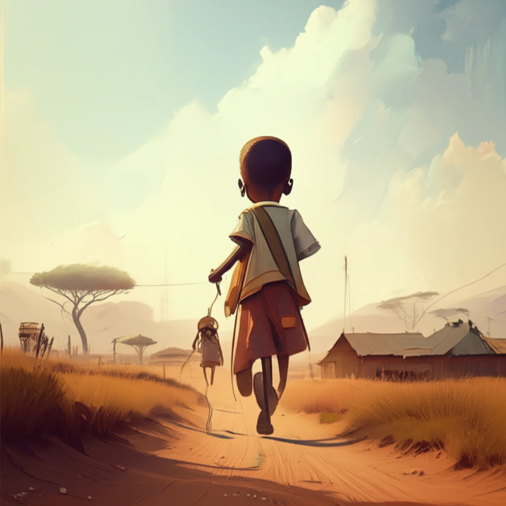 A child with spina bifida walks towards a bright horizon in Uganda.