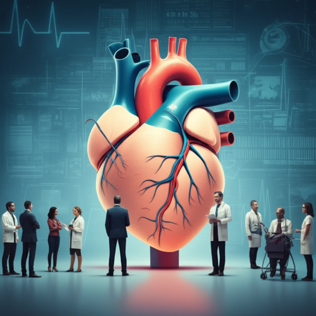 Diverse group of people standing around a stylized human heart with a visible radial artery