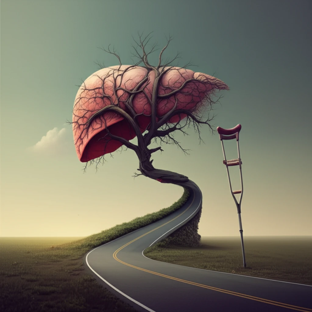 Surreal image of a colon road with a fragile liver tree.