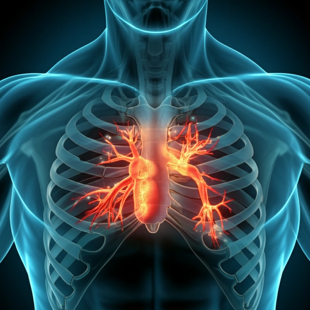 MRI scan visualizing mediastinal masses with glowing nodes.