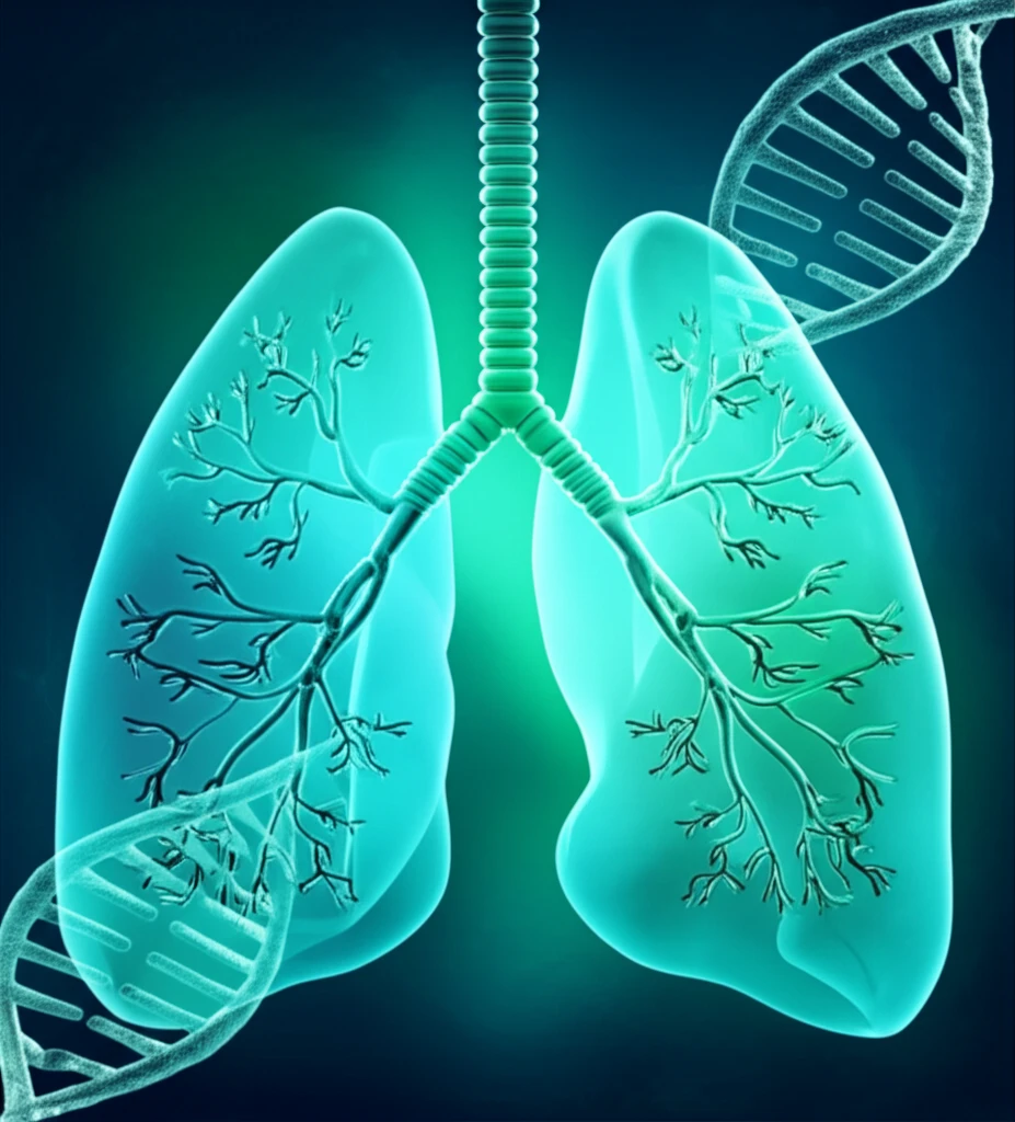 DNA strand intertwined with lungs, symbolizing genetic connection to respiratory health