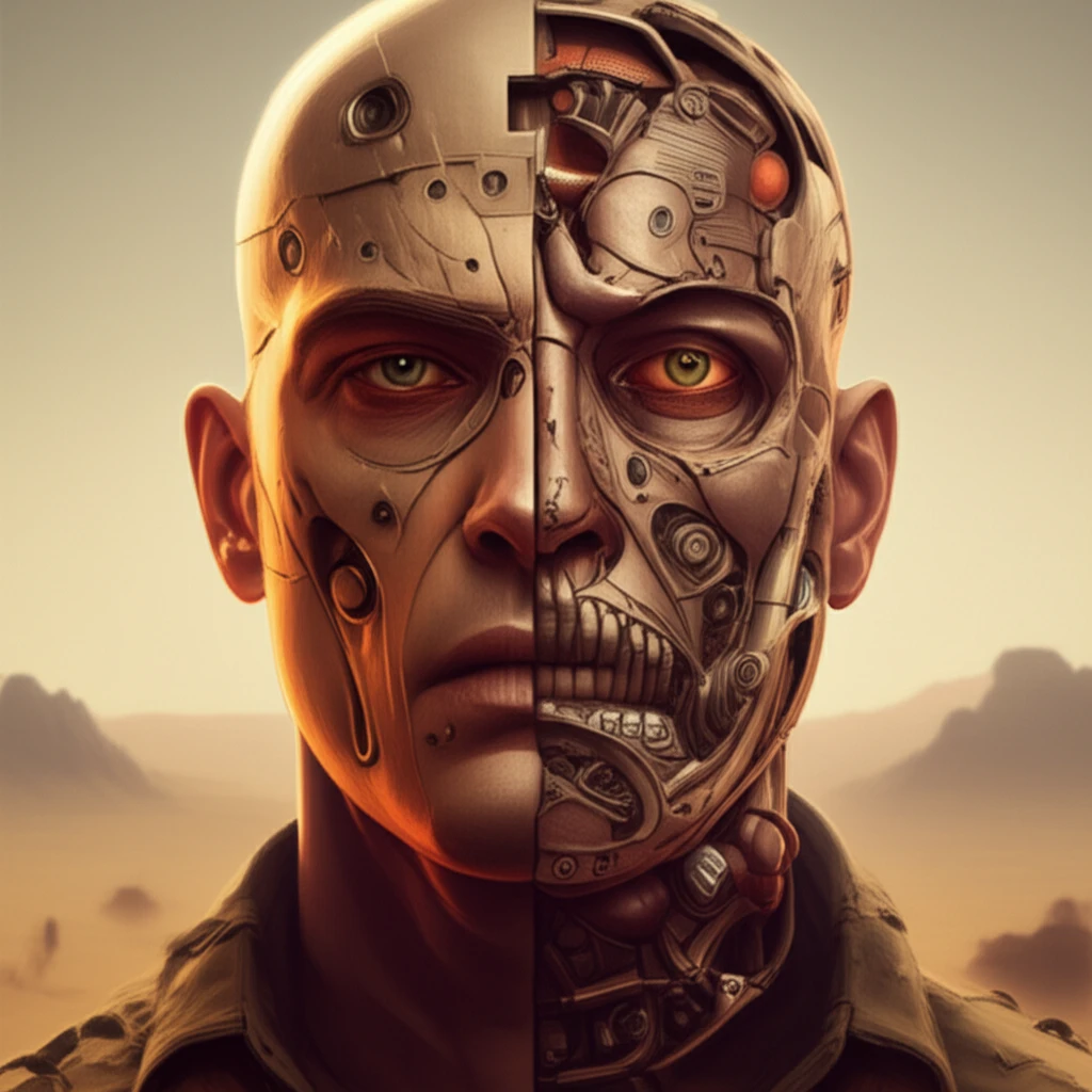 Surreal illustration of a fragmented soldier's face symbolizing oral-maxillofacial injuries during wartime.