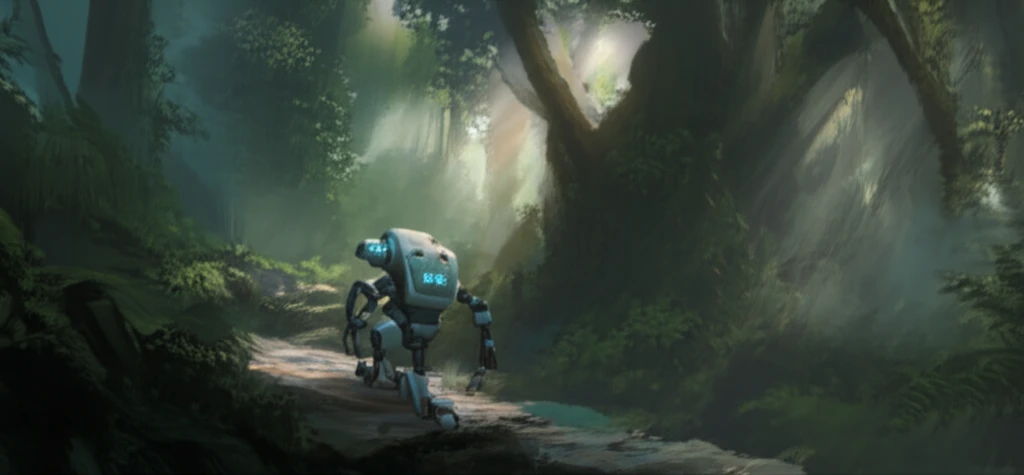 Futuristic robot navigating a forest trail