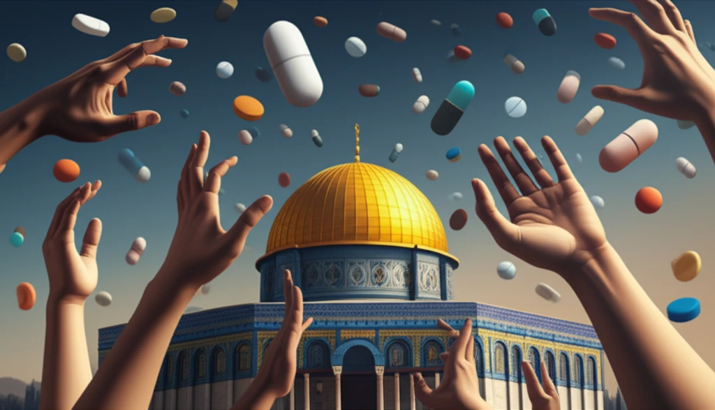 Hands reaching for pain relief pills with Dome of the Rock in background