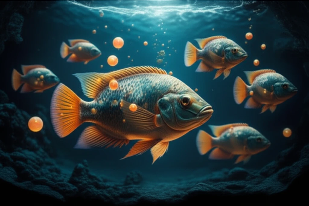 Tilapia swimming in tank with glowing yeast cells.