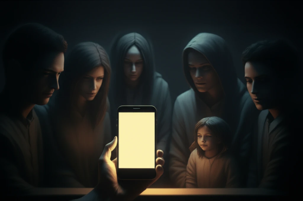 Family in shadows illuminated by a smartphone