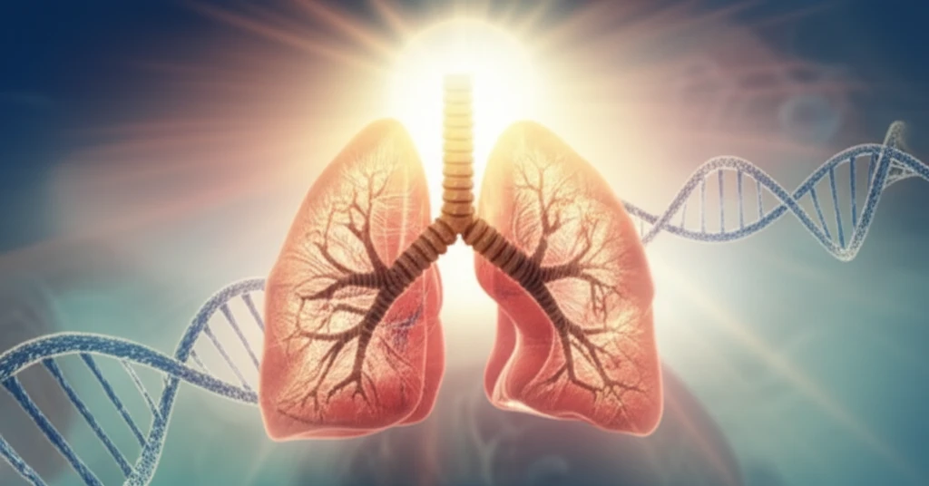 Surreal illustration of lungs intertwined with DNA and illuminated by the sun, representing the link between genetics, vitamin D, and lung health.