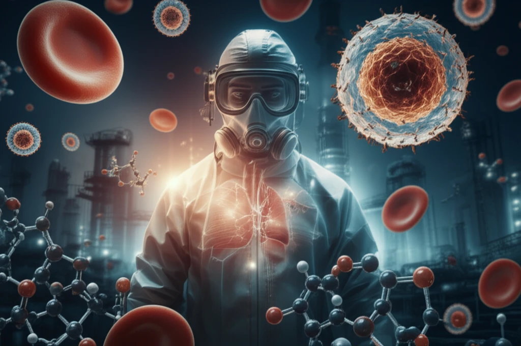 Factory worker surrounded by benzene molecules and blood cells, symbolizing the risks of chemical exposure.