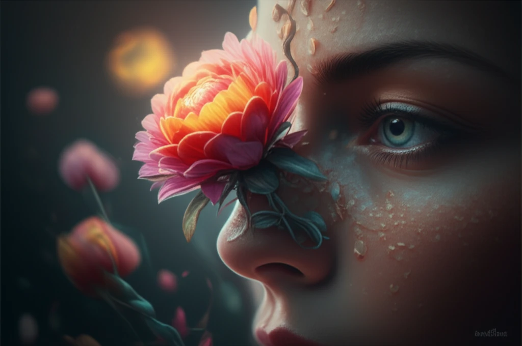 Blooming flower emerging from nose, symbolizing hope in overcoming health challenge.