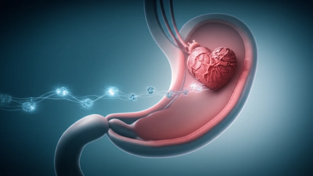 Illustration showing the connection between gastric cancer surgery and heart damage, with miR-133a molecules.
