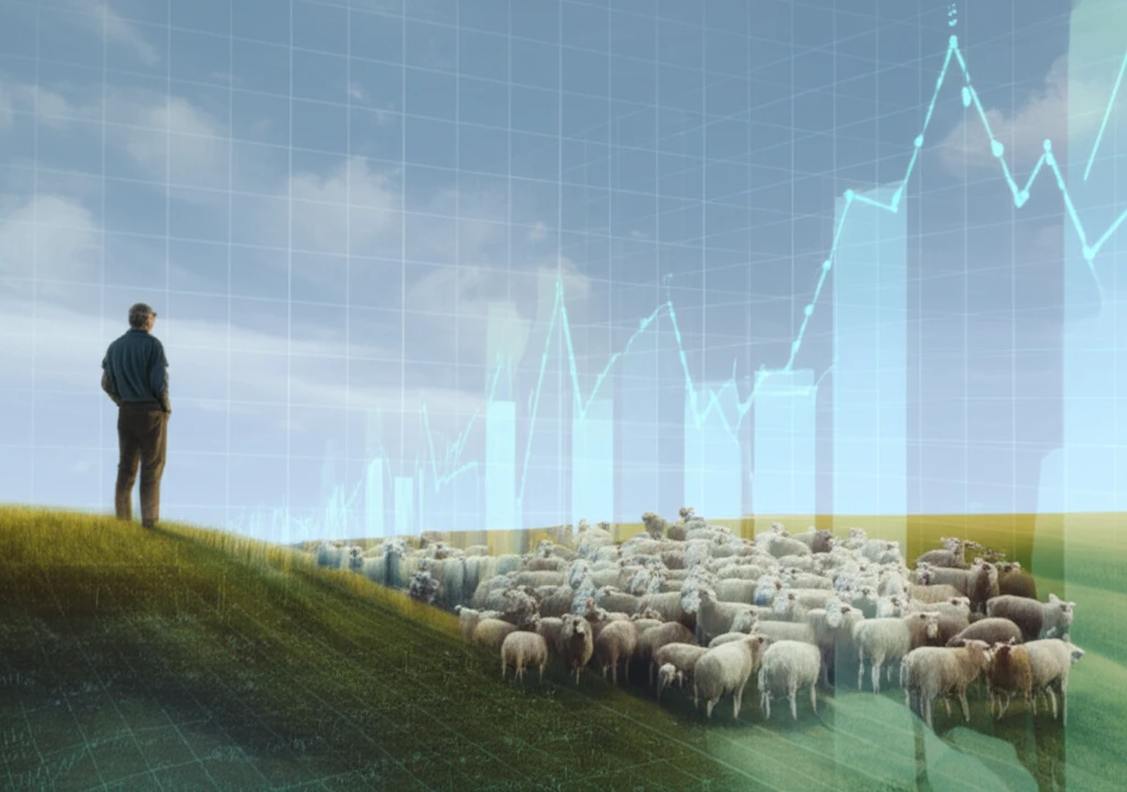 Sheep farmer proudly overseeing a healthy flock of lambs.