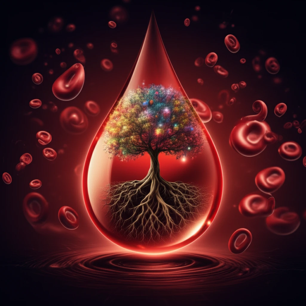 Surreal image of blood droplet transforming into a tree of life, symbolizing liquid biopsy and cancer treatment.