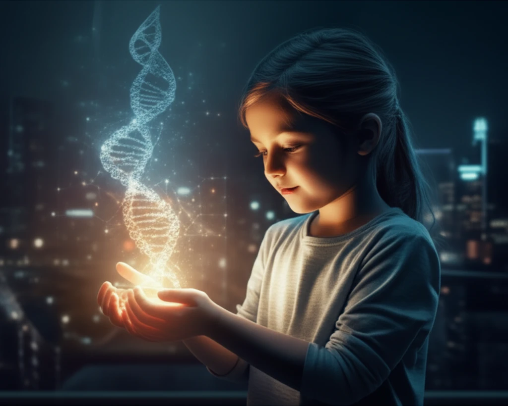 A child holding glowing DNA: Hope for neuroblastoma treatment.